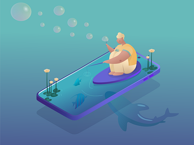 Fisherman adobe illustrator art bubble digital painting fish fisherman illustration illustrator isometric lake mobile phone shark