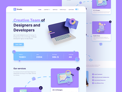 Creative Agency Studio Landingpage | UI UX Designs 3d 3d illustration clean clean ui cool design creative agency landingpage product creative agency purple studio web studio web design ui uiux web studio