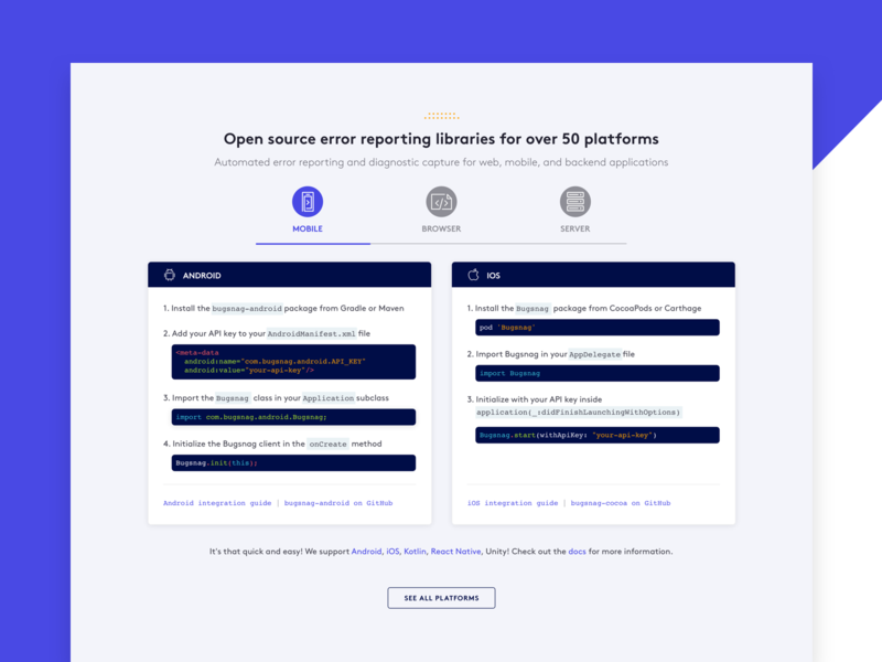 Bugsnag homepage — code snippets code design dribbble illustration