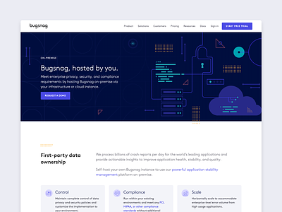 Bugsnag — on-premise page redesign bugsnag cloud illustration landing page premise redesign security shapes website website design