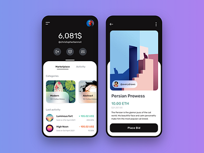 NFT marketplace app design concept app design eccomerce minimal mobile mobile app design mobile ui nfts typography ui ux vector