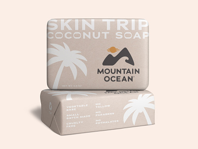 Mountain Ocean Skin Trip Study branding crest design eco graphic design illustration kraft logo lotion mountain ocean packaging palm tree skin care soap soap bar sustainable typography vector wave