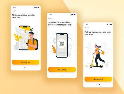FeelWheel scooter rental app illustraion jorney mobile app onboarding orange rental ride scooter ui uidesign ux uxdesign uxui webdesign