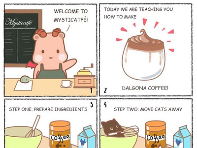 Welcome to the Mysticatfe! Today is about Dalgona coffee! art artwork cafe cartoon cat cats chibi coffee comics cute dalgona coffee dalgonacoffee drawing webcomic 咖啡 咖啡店 漫画 猫