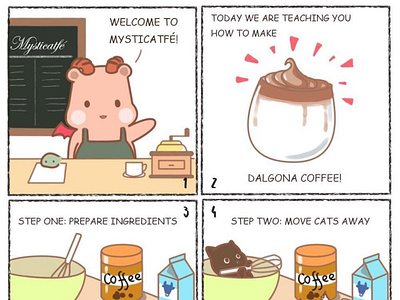 Welcome to the Mysticatfe! Today is about Dalgona coffee! art artwork cafe cartoon cat cats chibi coffee comics cute dalgona coffee dalgonacoffee drawing webcomic 咖啡 咖啡店 漫画 猫