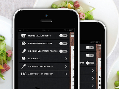 Settings Nav app design food food app iphone menu paper settings share social texture ui