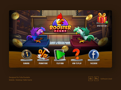 Rooster Fight Lobby Screen banner design branding casino games casino gaming gambling gambling games gaming graphic design illustration lobby ui mobile game online casino online gambling table game ui ui ux ux vector