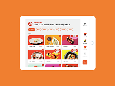 Groovy Roll menu app bold bright card flat icon interface interface design layout menu menu card restaurant restaurant app sushi ui ux vector