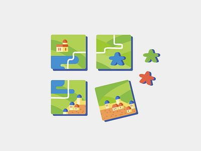 Carcassonne board game board games bold bright castle drop shadow field flat game game piece games icon illustration line work meeple road table top tile vector village