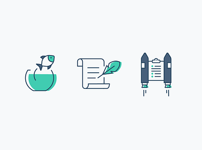 🐠🖋️🚀 evaluation feather pen fish fish bowl icon illustration rocket rocketship scroll vector