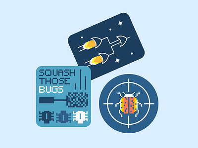 Stickers bold bugs code coder coding dev developer engineering flat illustration pixel pixel art space space ship sticker vector