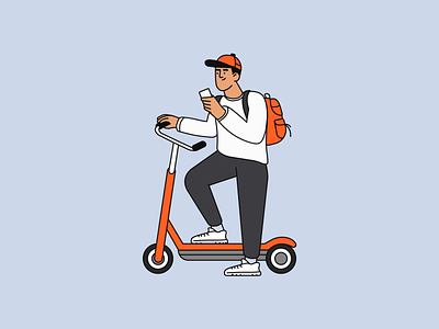 Scoot bold bright character electric vehicle ev flat illustration linework man mobility on the go person rider ridership riding scooter vector