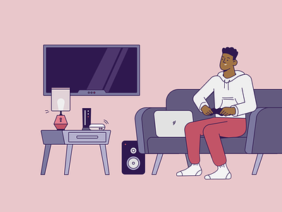 Home Electronics alexa bold bright electronics flat gaming console google home home device household illustration linework living room relaxing siri smart home sweatpants television tv vector video game