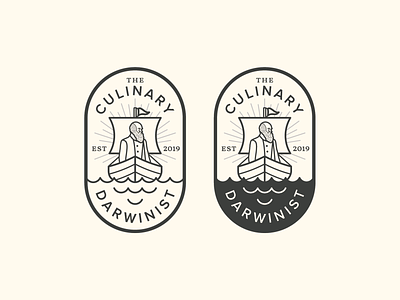 The Culinary Darwinist logo badge beard branding burst darwin illustration line art logo sailboat seal ship