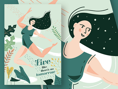Live like there's no tomorrow girl happy illustration jump poster print vector illustration