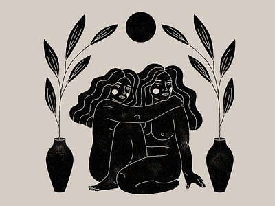 Hug under the Sun body branding color design esoteric girl hug hugs icon illustration line lineal logo mystic nude plants sun woman women