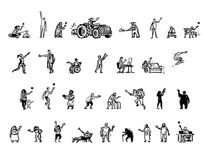 Tiny people characters figures men old people sketch tractor women young