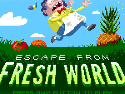 Escape from Fresh World • Title Screen cloudkid escape from greasy world fast food freddy fizzys lunch lab fruits illustration pbs kids go! pixel art retro vegetables video games