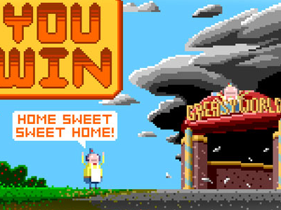 Escape from Fresh World • "You Win" Screen amusement parks cloudkid escape from greasy world fast food freddy fizzys lunch lab illustration pbs kids go! pixel art retro theme parks video games