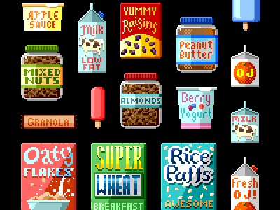 Escape from Fresh World • Pixel Foods illustration cloudkid food milk raisins popsicle carton yogurt almonds nuts granola cereal escape from greasy world fizzys lunch lab pbs kids go! pixel art retro video games apple sauce peanut butter orange juice