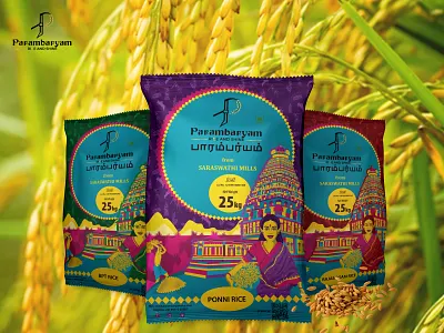 Packaging design for Parambaryam rice adobe adobe illustrator adobe photoshop branding characters colorful design illustration illustrator india package design packaging photoshop