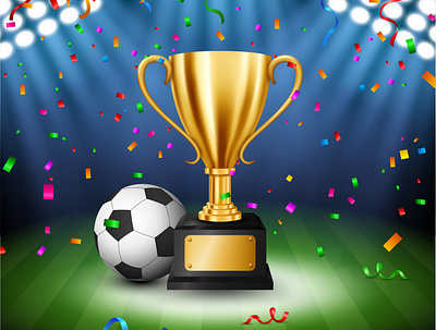 Soccer Championship with Golden Trophy with falling confetti and adobe illustrator champion champions league championship confetti cup design fifa football illuminated illustration soccer spotlight stadium trophy vector web worldcup