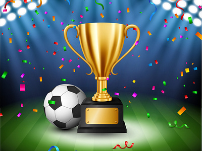 Soccer Championship with Golden Trophy with falling confetti and