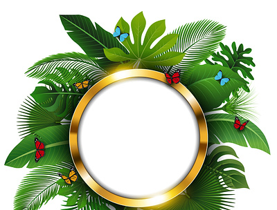 Round Gold Banner with Text Space of Tropical Leaves adobe illustrator banana banner butterflies coconut concept design gold green greeting card illustration palm ring round tropical tropical leaves vector