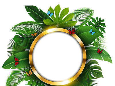 Round Gold Banner with Text Space of Tropical Leaves