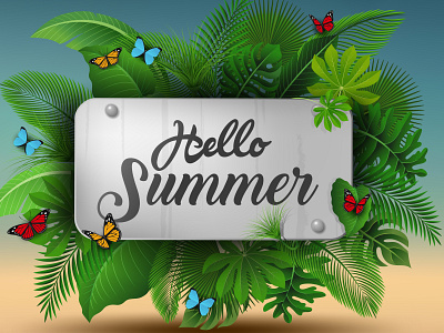 Hello Summer sign with Tropical Leaves and butterflies adobe illustrator butterflies design green hello holiday illustration leaves nature season seasonal sign summer tropical vacation vector