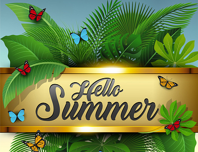 Hello Summer sign with Tropical Leaves and butterflies adobe illustrator butterflies design green hello holoiday illustration nature season seasonal summer vacation vector