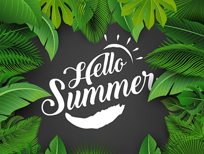 Hello summer sign with Tropical Leaves adobe illustrator butterflies design greetingcard hello holiday illustration season seasonal summer tropical tropical flyer tropical leaves vacation vector