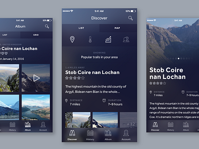 Hiking app app blur gradient iconography icons list mobile photography ui ux