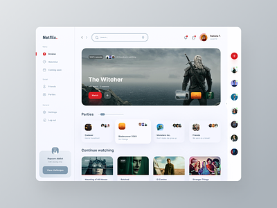 Netflix Gamified - Light app cinema dashboard film interface light mode movie streaming tv ui ux webapp website