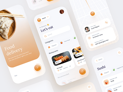 Food delivery app 🍣 app checkout delivery food interface minimal onboarding orange product sushi ui ux