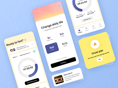 Intermittent Fasting - Mobile Application app bright ui clean daily advice diet healthcare intermittent fasting mobile subscription timer ui ux