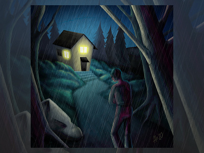 The SOS of the driver anger forest hope house illustration light rain