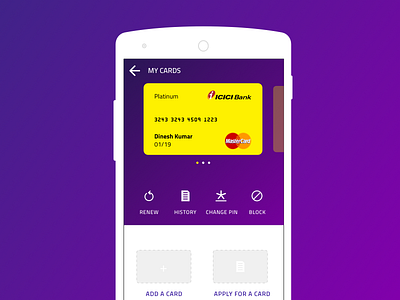 Banking app - Manage Cards page banking credit card debit card icons swipe ui ux