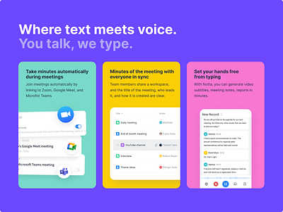 Notta Page app branding chat conversation google meet homepage illustration meeting recording saas teams meeting transcript ui ux voice to text zoom