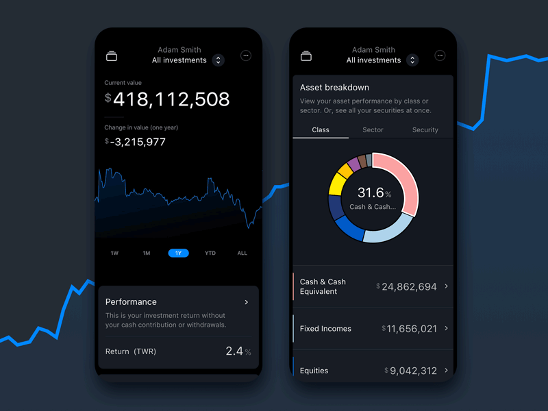 Addepar’s Financial Snapshot App app dark mode dark ui design donut chart finance ios linechart mobile ui