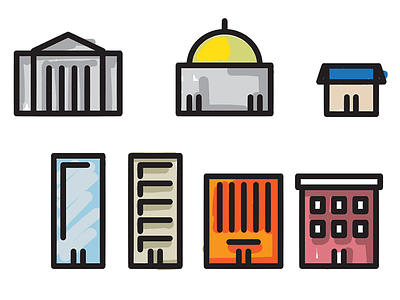Buildings Illustrations [in-progress] bank buildings city city hall icons office store town