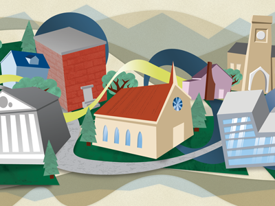 Open Communities Artwork [final] church colour community houses illustration open communities town