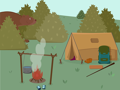 Unexpected guest adobe illustrator adventure bonfire design flame flat food forest illustration travel vector