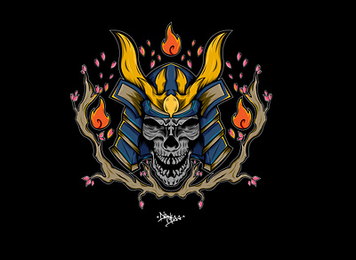 Samurai Skull art artworkforsale fire illustration japanese poster sakura samurai skull tshirtdesign