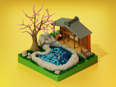 Japanese Onsen in Daylight | 3D Lowpoly
