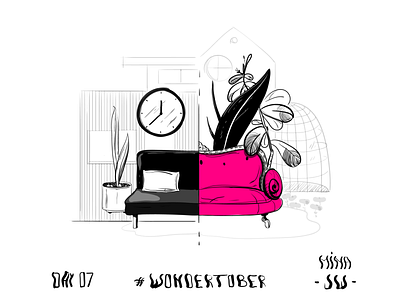 Gendered House couch digital drawing drawing feminin gender home house illustration ink inktober inktober2019 interior magenta masculin sofa