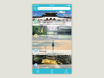 Tour Korea App UI Design app design interface ios korea list map mobile photo tour trip ui