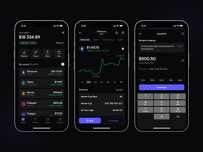 Crypto wallet. Mobile app design app blue clean crypto crypto wallet dailyui dark design figma fintech icon minimal mobile modern simple typography ui ui design ux wallet