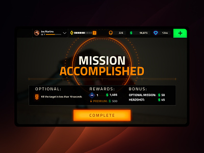 Mission Complete | Well Done Soldier combat game gaming mobile ui ux weapon