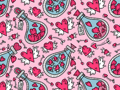 Sweet Love pattern bottle doodle flat hearts line love potion sweet valentine valentine day vector wings